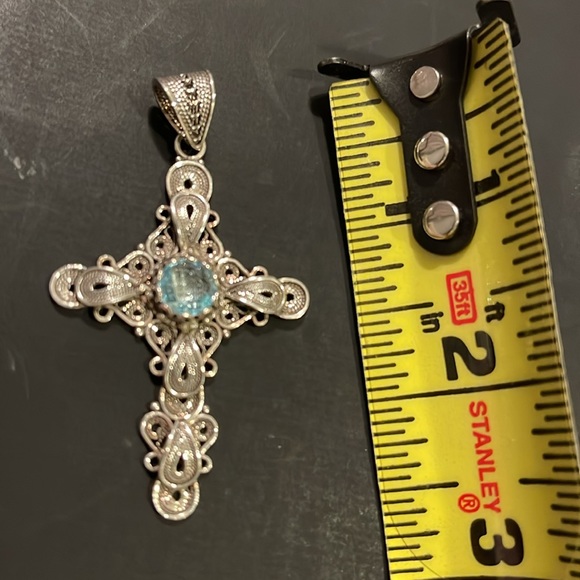 Sterling Silver Cross Pendant with Blue Topaz Gemstone - Picture 4 of 5